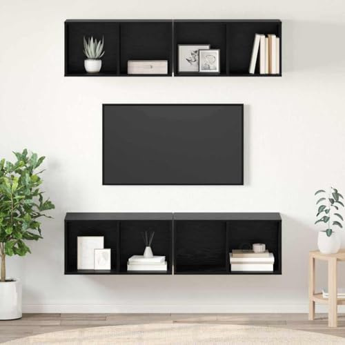 Boltkex Lot de 4 meubles TV avec passe-câbles, aspect chêne noir, 37 x 37 x 72 cm, montage mural, meuble multimédia avec étagère pour un rangement ordonné