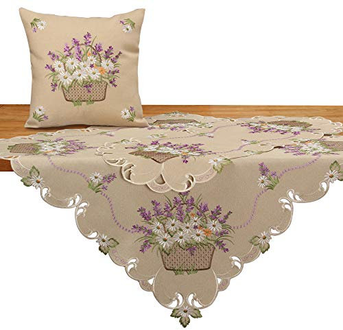 Quinnyshop Romantic Lila Lavendel Gänseblümchen Blumen Stickerei Mitteldecke ca. 85 x 85 cm Polyester, Beige