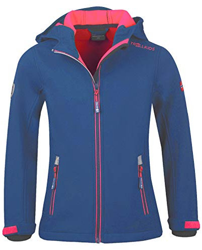 Trollkids Mädchen Softshell Jacke Trollfjord, Mitternachtsblau/Coral, Größe 140