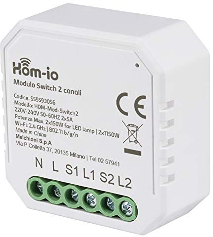 Hom-Io | Modulo Switch da Incasso 10A 2 Canali 2x5A, Switch WiFi per il Controllo Remoto di Luce e Dispositivi, Comandabile da App o Interruttore, Compatibile con Alexa e Google Home