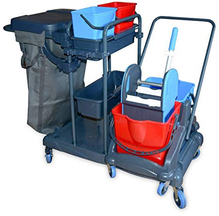 Hypafol Putzwagen Reinigungswagen | 2x5 l + 2x18 l Eimer | Doppelfahrwagen mit Moppresse, Utensilbehälter & Abfall-Eimer | für Gebäudereinigung, Hotelservice, Gastronomie, Großküche, Büros oder Arzt