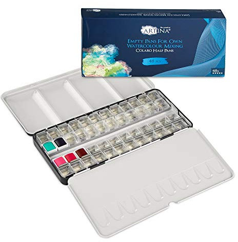 Artina Colaro 48 Fächer Aquarellkasten Leer – Mit Aquarell Palette Näpfchen Leerkasten Farbkasten Metallkasten für Wasserfarben Malkasten für Aquarellfarbe