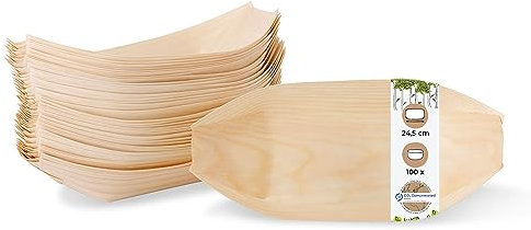 GREENBOX Holzschale Schiffchen aus Kiefernholz I Bio Einweggeschirr nachhaltig und kompostierbar I Snackschale für Fingerfood Currywurst Pommes Sushi I Servierschale kalte und warme Speisen 100 Stk