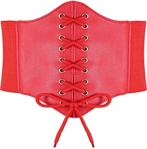 Hoerev Damen Mädchen Elastisch Breites Band Elastisch Gebunden Waspie Korsett Taille Gürtel Bustiers Korsetts,Rot mit Knopf,M