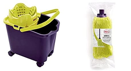 Mery 0336.11 Fregona | Ecológico | Escurre Sin Esfuerzo | Cubo Escurridor Automático | con Ruedas | Capacidad De 14 litros, Polipropileno, Acero + 0440.01 Fregona Microfibras, Color Lima Y Morado