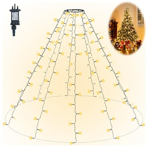 Gresonic Christmas Tree Lighting with Ring, 350 LED 3M Warm White & Cold White Flow Plug in 8 Modes Timer Crimp Fairy Light with 10 Lines, IP44 Xmas String Chains for Indoor Outdoor Tree Decoration