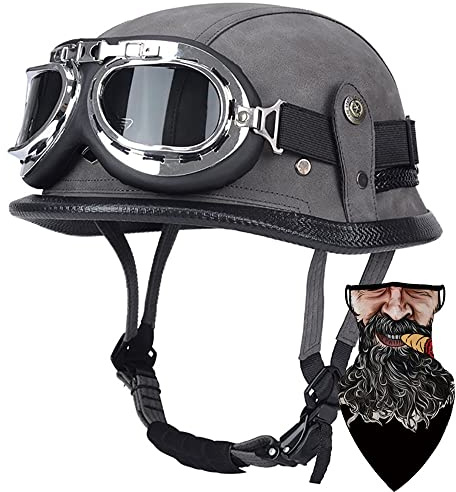 DIRERTYS Deutsche Leder Motorrad Halbhelme Retro Halbschalenhelm JetHelm mit Visier Schnellverschluss Schnalle für Cruiser Chopper Biker Moped DOT/ECE-Zulassung