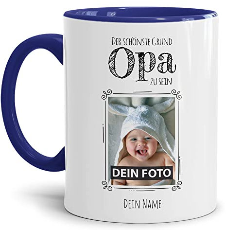 Tasse mit Spruch - Der schönste Grund Opa zu sein - Personalisierbare Keramiktasse mit Namen und Foto - Geschenk Opa - Innen & Henkel Dunkelblau, 300 ml