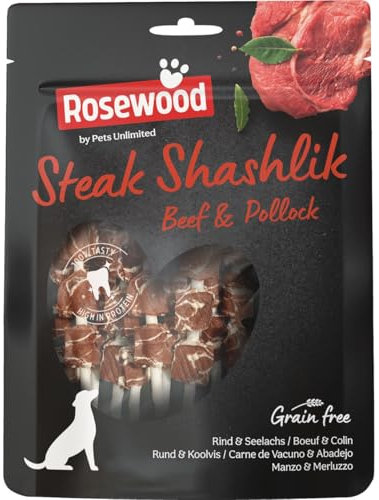 Rosewood Steak Shashlik Hundesnack – Getreidefreie Kausticks mit Rind & Seelachs, Hochwertiger Protein-Snack für Hunde – Zahnpflege-Kausnack, 100g