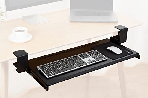 ErgoActive Extra Wide Under Desk Keyboard Tray with Clamp On Easy Installation, Fits Full Size Keyboard and Mouse, Office, Home, School, Gaming Keyboard Tray (Wide Wood Tray)