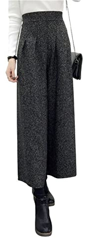 chouyatou Damen Winter Hohe Taille Weites Bein Plaid Wollmischung Palazzo Caprihose Culottes mit Taschen