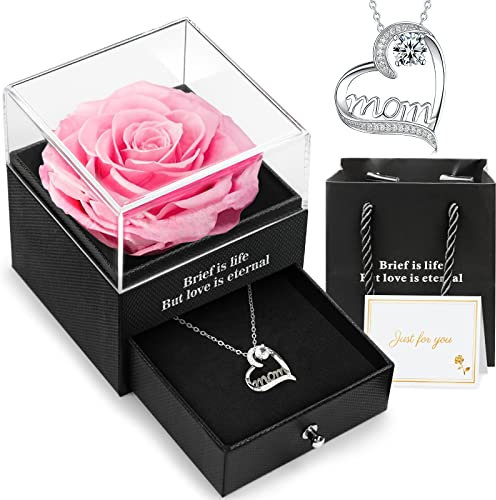 Hnustbo Muttertagsgeschenke für Mama, Ewige echte Rose mit 'Mom' Halskette, Konservierte Rose Ewige Blume Geschenke für Mutter, Geburtstagsgeschenk Mama