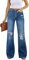 Roskiky Jean pour femme, taille haute, avec trous, extensible, baggy, bleu, M