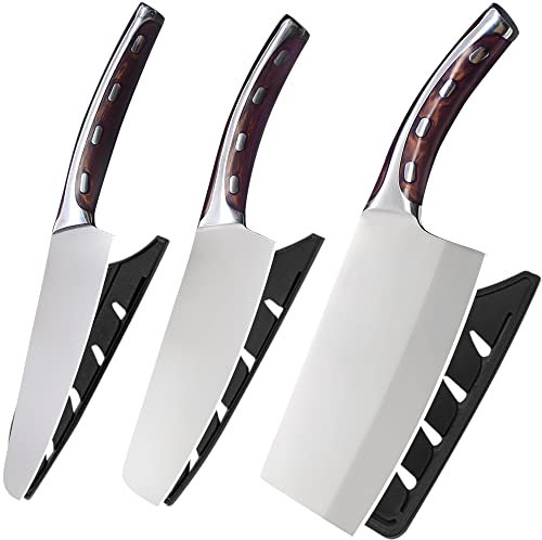 FULLHI Lot de 3 couteaux de cuisine en acier inoxydable à haute teneur en carbone avec manche en plastique intégré
