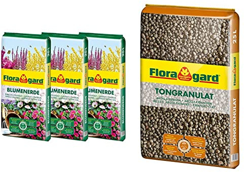 Floragard Blumenerde 3x20 L & Blähton Tongranulat zur Drainage 25 L • Hydrokultursubstrat • für Pflanzkästen, Kübel oder Töpfe • Drainagematerial