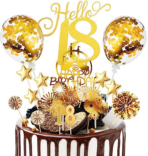 Tortendeko 18 Geburtstag Männer Frauen 17 Pcs Cake Topper Happy Birthday Kuchen Dekoration 18 Geburtstag Torten Topper Deko mit geburtstagskerzen Sternen Konfetti-Luftballons und Papierfächer Gold