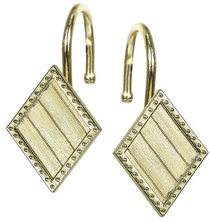 Gold Geometric Shower Curtain Hooks: Rust Proof Metal Diamond Shaped Decorative Shower Curtain Rings - Modern Luxury Fancy Sparkle Brass Hangers for Bathroom - Set of 12