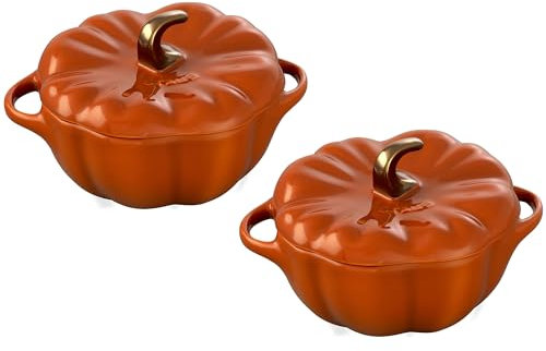 Staub Set di 2 cocotte in ceramica a forma di zucca da 680,4 g, arancione bruciato