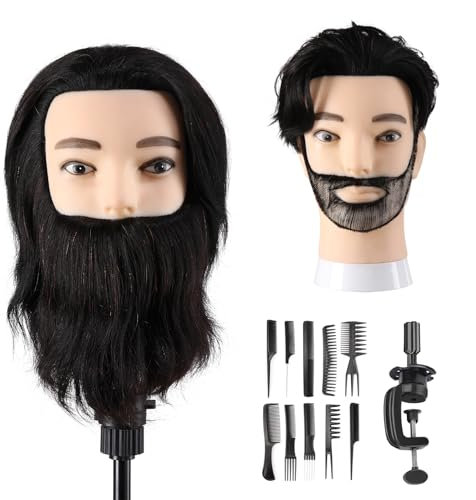 Mann Frisierkopf 100% Echthaar mit Bart Männlich Übungskopf Echthaar Friseur Kopf Puppenkopf Mannequin Kopf Mit Tischklemme + Kammsatz(19 Zoll)