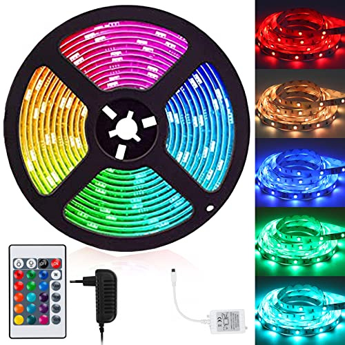 Cecaylie 2m RGB LED Streifen, 5050 Leds LED Strip Selbstklebend, Dimmbar Led Lichter 12V, mit 24-Tasten Fernbedienung und Netzteil, mit 15 Farben und 4 Modi, für Küche, Schlafzimmer, Party