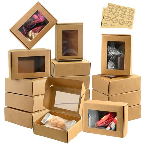 TANGHSE 30 Packs Mini Brown Kraft Paper Boxes with Clear Windows, 8.5 * 6 * 3CM Small Gift Boxes Present Packaging Box Cake Display Box Party Favor Treats, Bakery, Candy, Cookies & Jewelry Packaging