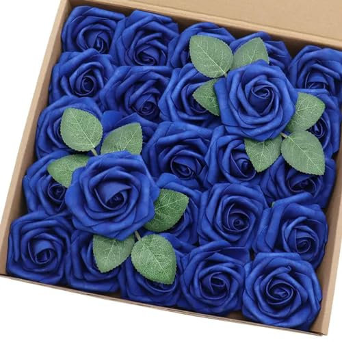 EboLD Lot de 25 roses artificielles bleu roi avec tige pour bouquets de mariage, fête, décoration d'intérieur - Bleu roi