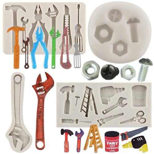 MYPRACS Hand Tools Fondant Moulds Mini Construction Tool Moulds for Chocolate Cookie Cupcake Decorating Cupcake Topper Candy Chocolate Gum Paste Set of 4