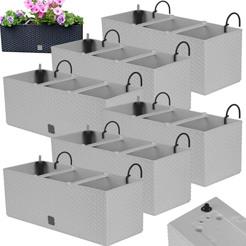 Juego de macetas para balcón 6 x 51 x 19 x 18,5 cm | Maceta de balcón con Aspecto de ratán | Maceta con asa, Soportes y Sistema de riego | Macetas para terraza | Jardinera de diseño Elegante | Blanco