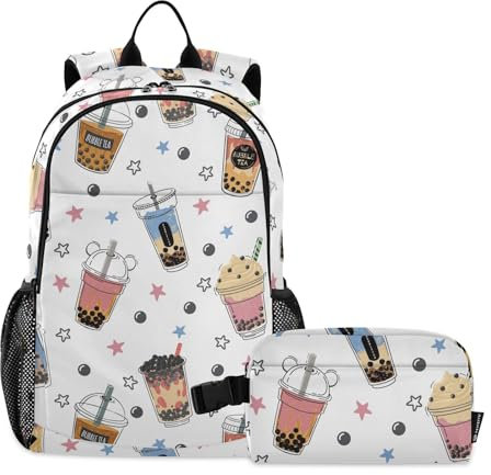 linqin Bubble Tea Rucksack für Schule und Mittagessen Tasche Junge Schulrucksack mit Lunchbox Büchertasche mit Lunchbox für Mädchen 10-12