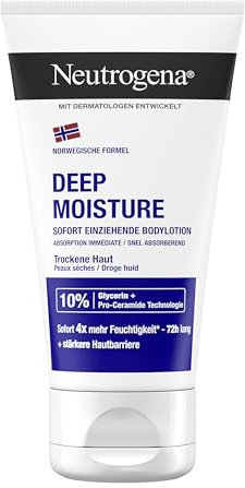 Neutrogena Deep Moisture Bodylotion (6 x 75 ml), sofort einziehende Körperlotion mit Glycerin & Pro-Ceramide Technologie, nicht fettende Hautpflege Lotion in Reisegröße für trockene Haut