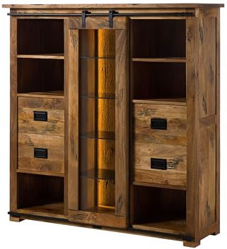 MASSIVMOEBEL24.DE | Railway Lux Highboard aus Massivholz mit Beleuchtung #121 | Mangoholz/Altholz - Natur lackiert | 142x45x147 cm | 11 Fächer, 1 Tür, 4 Schubladen | Hochschrank groß