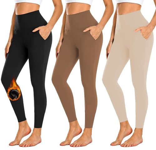 FuelMeFoot 3er Pack Thermo Leggings mit Taschen gefüttert Leggings Damen High Waist Leggins Warm Winter. 02-Schwarz/Dunkelgrau/Navy XXL-3XL