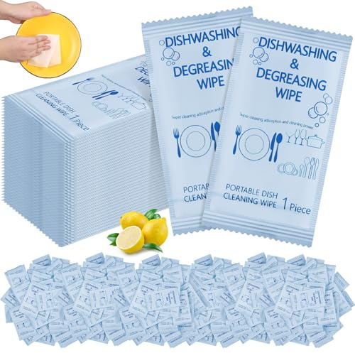 Tondiamo 150 Pcs Travel Dish Soap Wipes Individually Wrapped Cleaning Wipes | Disposable Dish Wipes for Camping, Portable Cleaning Wipes with Lemon Scent, Quick Clean for Outdoor Travel Kitchen