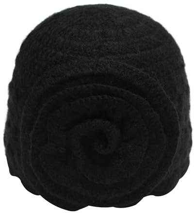 ZLYC Damen Winter Vintage Wolle Strickmützen Beanie Bowler Hut(Große Blume Schwarz),Einheitsgröße
