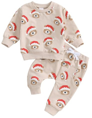 Himllauen Completo da 2 Pezzi Ragazzi Neonato Natale Outfits Lettera Albero di Natale/Luminoso Stampa Girocollo Felpe a Maniche Lunghe Tops+ Pantaloni Lunghi Autunno Vestiti (Beige, 3-6 Months)