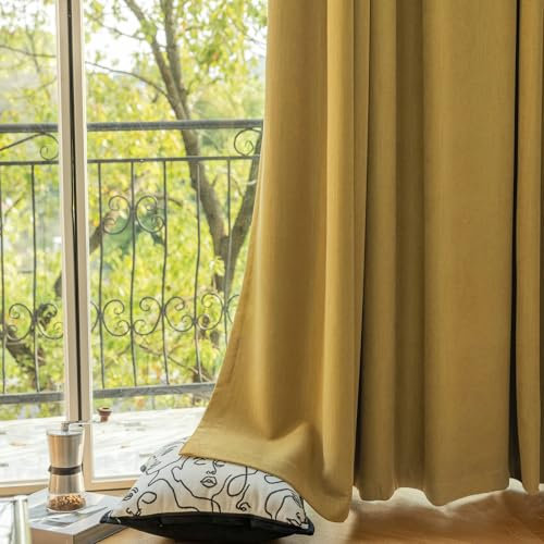 Gualiy Gardinen Blickdicht 2er Set, Schlafzimmer Vorhang Verdunkelung Ösen Einfarbig Fenstervorhänge B 107 x H 214 cm Gardinen Wohnzimmer, Senfgelb