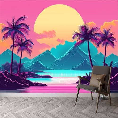 Neonfarben der 80er Fototapete Wanddeko 350 x 256 cm Vaporwave-Palmen-Berge Wandbild Motivtapeten Vlies-Tapeten Moderne Wandtapete Wand Wohnzimmer Spielzimmer TV-Hintergrund Dekoration