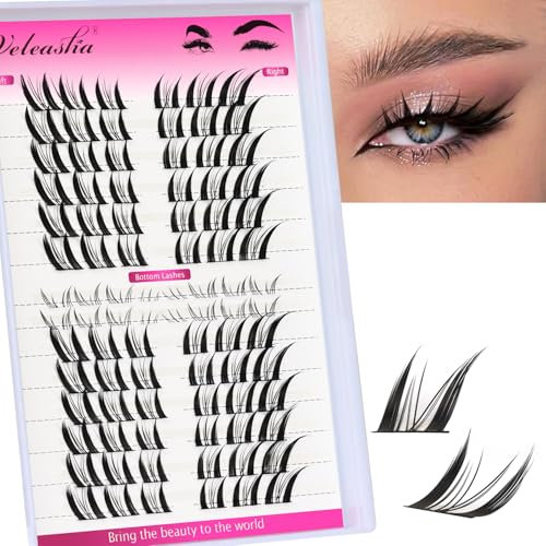 Veleasha Fox Eye Wimpernsträhnen 88 Stück Manga Wimpern Zarte Wimpernsträhnen DIY Wimpernverlängerung zu Hause, linke & rechte spitze Wimpernsträhnen mit unteren Wimpern (Foxy)