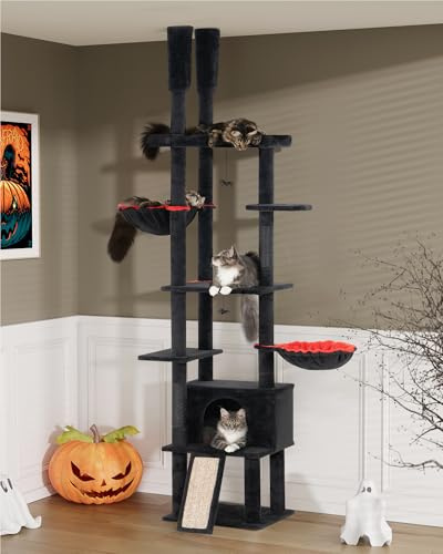 Aechonow Floor to Ceiling Cat Tree, 224-270cm Adjustable Height Tall Cat Tower for Indoor Cats, Scratching Post, Large Condo and Perch, Hammocks, Scratching Board, Spider Toys, Gothic Black