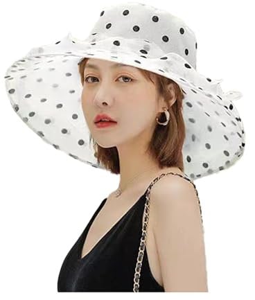BrightGlow Organza Hut Damen Eleganter Damenhut mit Polka Dots Sonnenhut Breiter Krempe Fedora Hüte Mode Sonnenblende Brauthut Tea Party Hochzeit Hut Kirchenhut Strandhut Weiß Einheitsgröße
