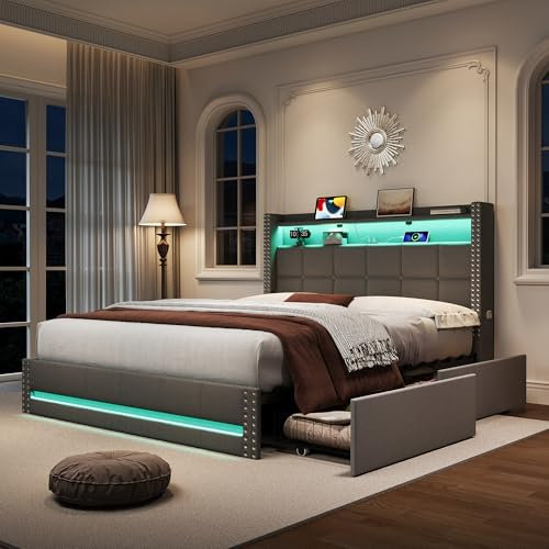 Merax 4ft6 Double Bed LED Upholstered Bed with 4 Storage Drawers, LED Lighting, USB & Type-C Charging Ports, Button Tufted Headboard, Linen Fabric, No Box Spring Required – Grey (No Mattress)