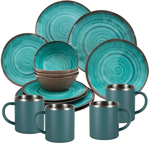 Melamin Geschirr Set Türkis Edelstahl Thermo Tassen Tonoptik Camping modern