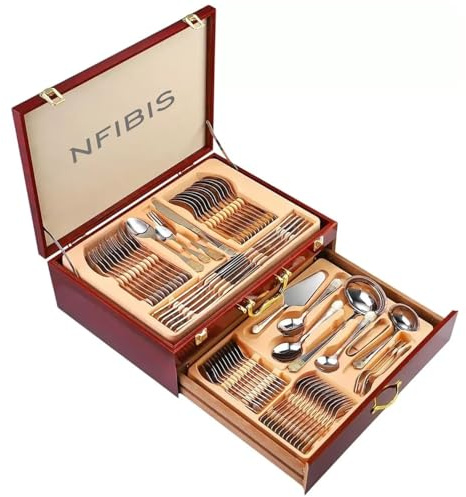 NFIBIS 72-Piece Gold Cutlery Set, Stainless Steel, Luxury Dinner Service with Wooden Canteen Box, Complete Table Setting for 12 Diners