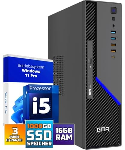 GMR Ultra SFF i5 Office PC - Business Office Computer | 3 Jahre Garantie | 16 GB RAM | 1000GB SSD M.2 | DVD±RW | USB 3 | Windows 11 Pro | WiFi-Bluetooth