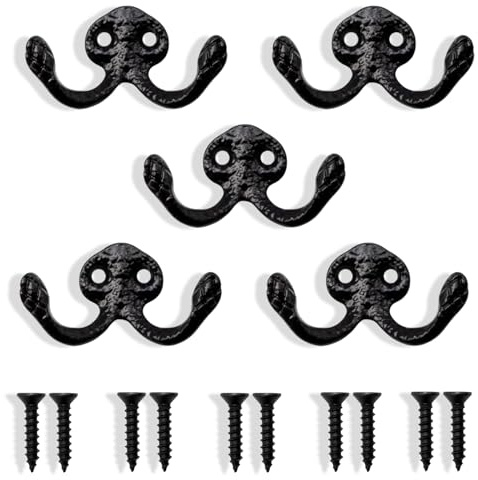 fKiZanthene Wandhaken, Doppelhaken, Zink, Schwarz, 5 Stück, Wandhaken, zum Schrauben, Vintage-Stil, für Tür, Mantel, Badezimmer, Küche und Eingangsbereich