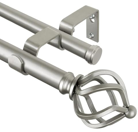 KAMANINA Gardinenstange 2 Läufig 167-304 cm, Ø 22 mm Vorhangstange Silber | Gardinenstange Doppelläufig, Verstellbar, Wandhalterung, bis 13KG, mit Twisted Cage Endstück, für Fenster, Einfache Montage