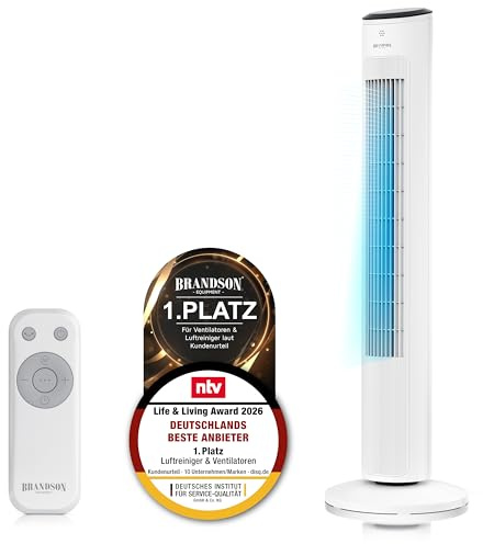Brandson - Turmventilator – sehr leise - Schlaf Modus – Sieger Ventilatoren und Luftkühler 2026-12 Geschwindigkeitsstufen – Oszillation – mit Fernbedienung - weiß