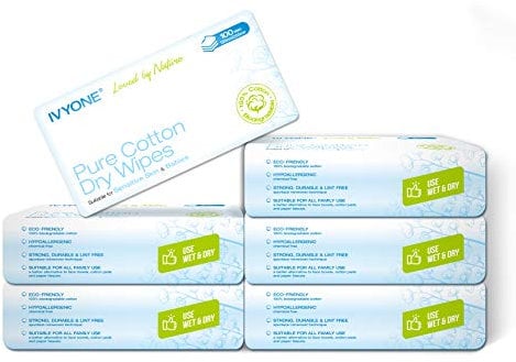 Ivyone Pure Cotton Dry Wipes (600 Tücher), Premium-Watte Pflegetücher, trocken, sehr weich Biodegradable-Baumwolle für Empfindliche Haut, Baby-Pflegetücher, Abschminken Wipes