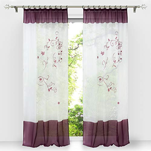 HongYa 1 Stück Bestickte Gardine Transparenter Voile Vorhang Fensterschal mit Kräuselband H/B 260/140 cm Beere