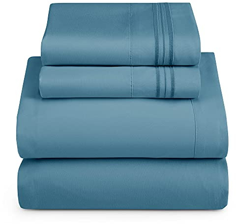 Hearth & Harbor RV Short Queen Size Sheets - 4 Piece Bed Sheet Set, Hotel Luxury Double Brushed Bed Sheets - Extra Soft Bedding Sheets & Pillowcases, Short Queen, Blue Heaven
